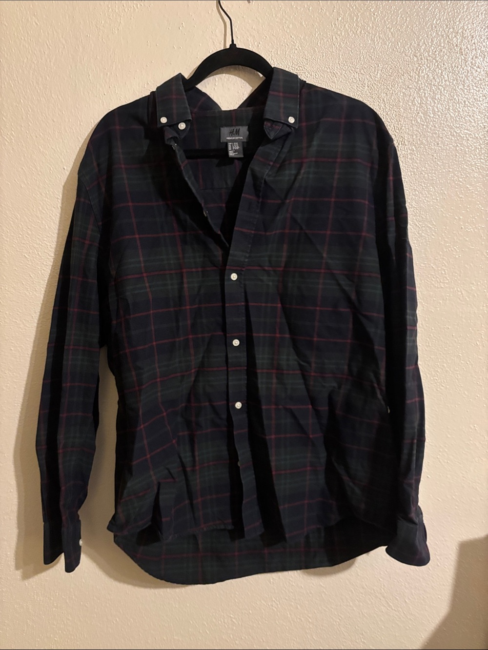 H&M Men's Dark Green and Navy Plaid Button-Down Shirt